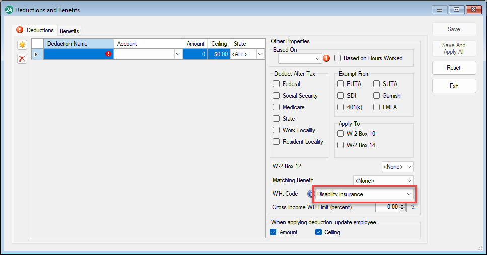 Disability Insurance Withholding box